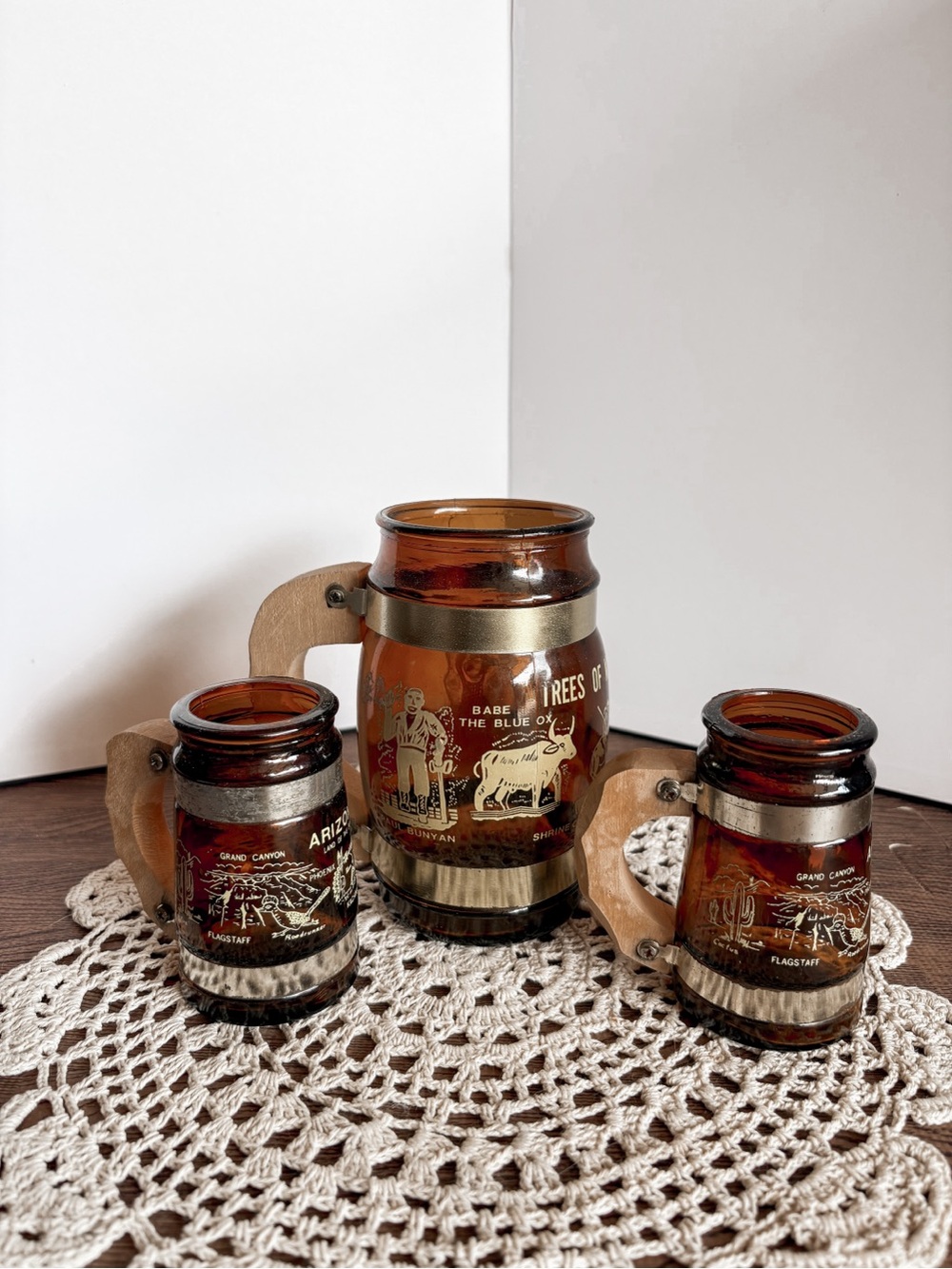 Vintage Amber Glass Stein and Shot Glass Set with Wooden Handles